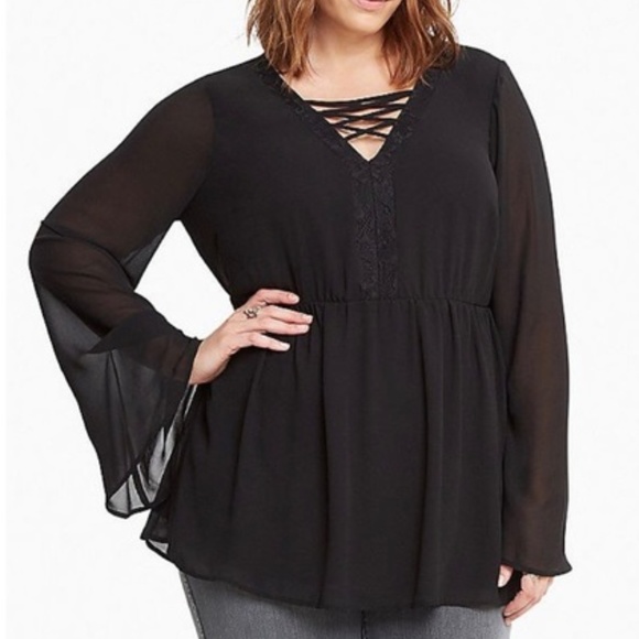 torrid Tops - Torrid Chiffon Lace Up Blouse Top Black 2X